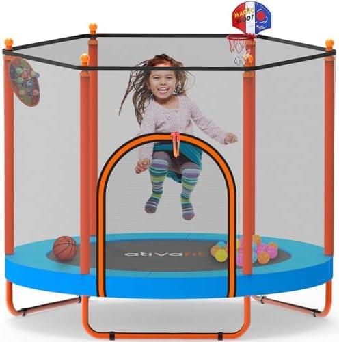 Ativafit 60'' Rebounder Trampoline Indoor Outdoor for Kids Ages 1-8, 5 FT Recreational Toddler Trampoline with Safety Enclosure Net Gifts with Basketball Hoop Dartboard, Ocean Ball Target