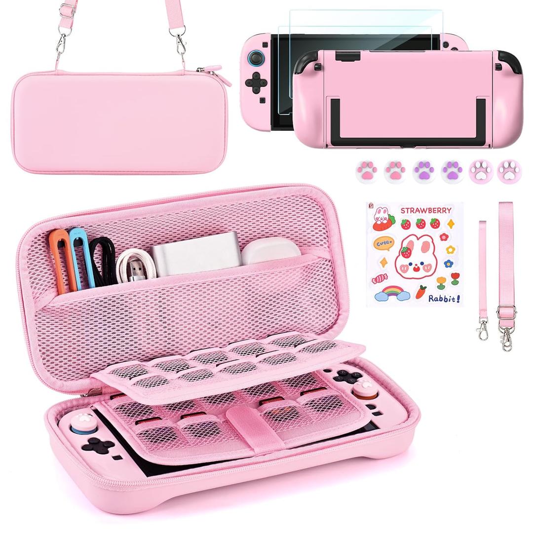 Younik Switch 2 Accessories Bundle, 15 in 1 Pink Switch 2 Accessories Kit for Girls Include Carrying Case, Shoulder Strap, Wrist Strap & Stickers, Protective Case for Switch Console & J-Con