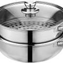 Steamer Pot for Cooking 11 inch Stainless Steel, 2-tier Multipurpose 18/8 Stainless Steel Steam Pot Cookware with Lid for Vegetable, Dumpling, Stock, Sauce, Food