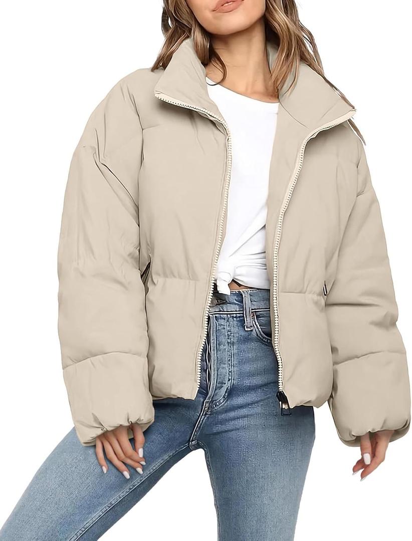 WHN Women Puffer Jacket Coat Winter Quilted Outerwear 2025 Trendy Long Sleeve Puffy Warm Casual Outfit (Small, Beige)