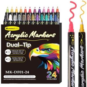 Pack Of 2 Mammakit‘s 24 Colors Dual Tip with Fine and Dot Tip Acrylic Paint Pens Markers, Premium Acrylic Paint Pens for Wood, Canvas, Stone, Rock Painting, Glass, Ceramic Surfaces, DIY Crafts Making Art