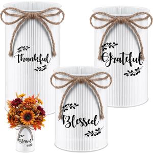 Domensi 3 Pcs Thanksgiving Table Centerpiece Fall Utensil Holder Vases Decor Galvanized Metal for Flowers Vintage Rustic Mason Jar for Thanksgiving Home Farmhouse Harvest Decoration, 3 Styles(White)