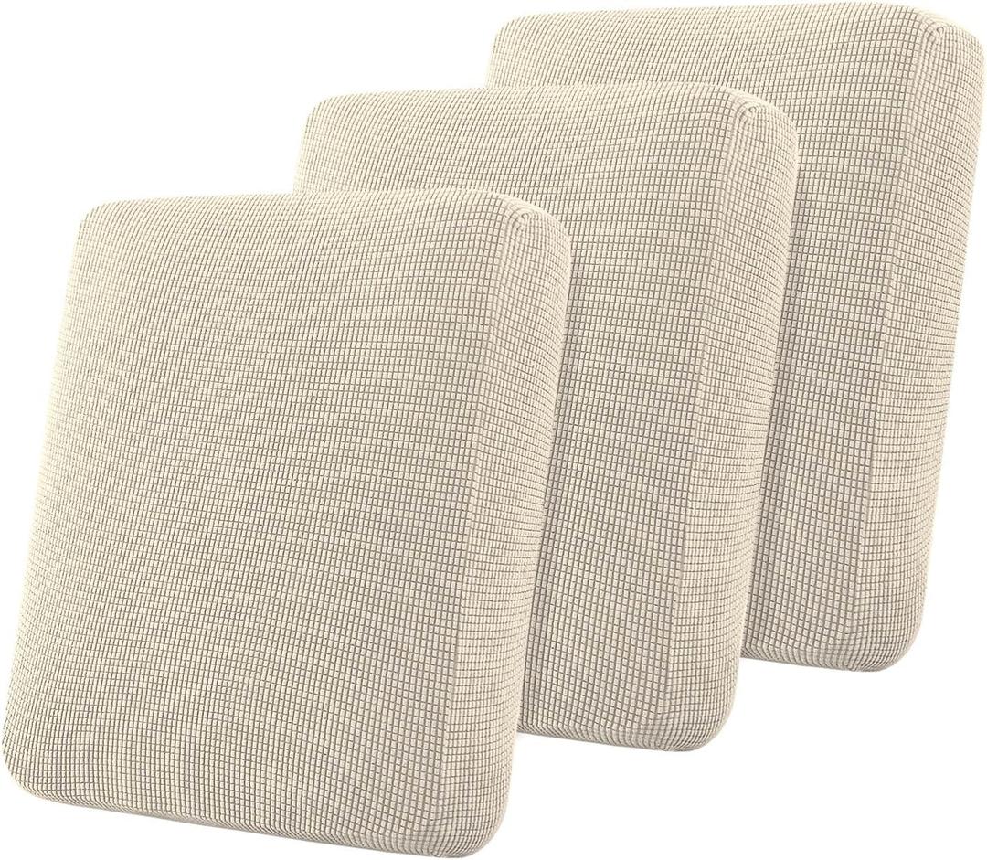 Flamingo P Super Stretch Couch Cushion Covers 3 Piece Set Sofa Seat Slipcovers with Elastic Bottom, Machine Washable Furniture Protector for Pets & Kids (3 Seat Cushion Cover, Biscotti Beige)88.5"D x 30.5"W x 10"H