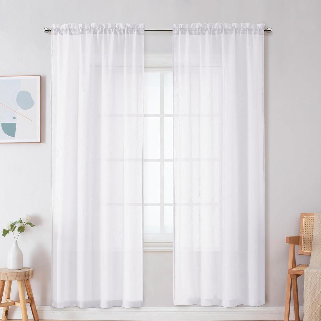 OWENIE Crushed White Sheer Curtains 54 Inch Length 2 Panels, Light Filtering Crinkled Textured Voile Sheer White Curtain Panels/Window Drapes for Living Room/Bedroom Window Treatments, 42 x 54 Inch