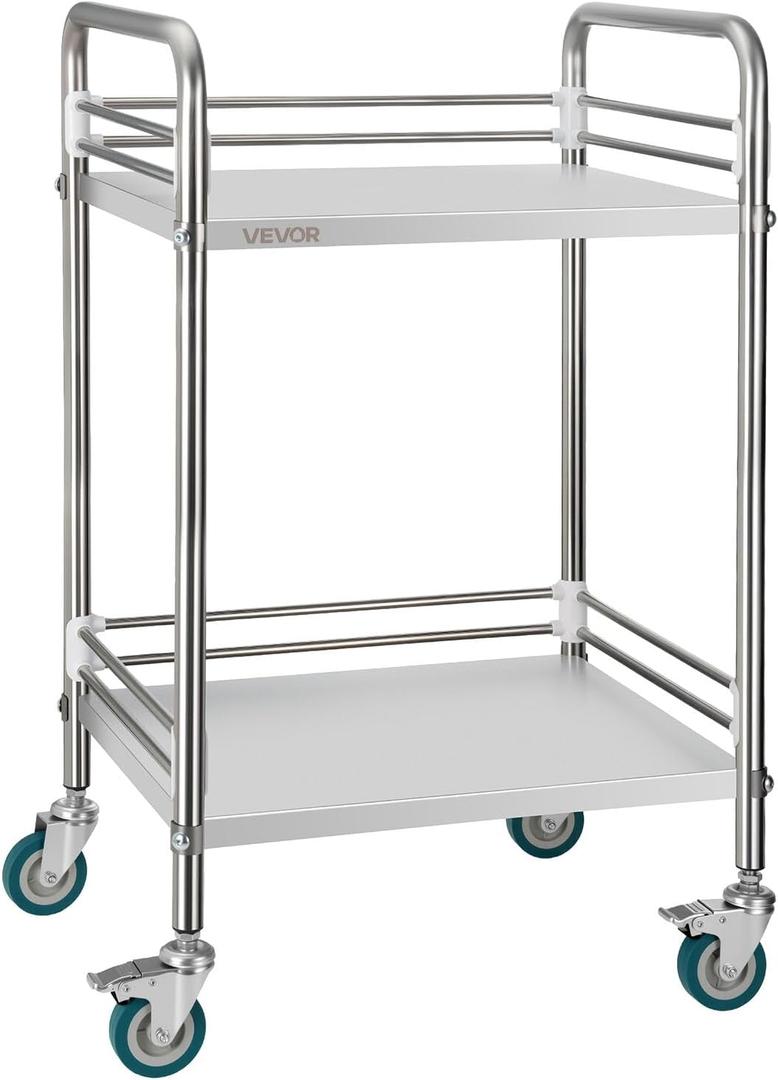 VEVOR Stainless Steel Rolling Cart, 2-Tier Metal Utility Cart with Lockable Wheels, Medical Serving Trolley Clinic Tray, Mobile Service Cart for Hospital, Lab, Restaurant, Kitchen, Salon