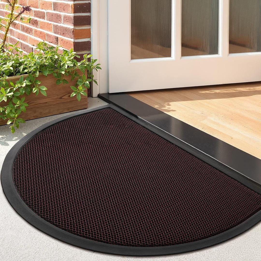 LUMI Half Circle Front Door Mat, 24x36 Red Outdoor Doormat for Entrance, Heavy Duty Rubber Backing, All Weather Waterproof Dirt Trapper, Easy to Clean, Fade Resistant