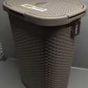 Mind Reader Slim Laundry Hamper with Lid, 60L Clothes Basket, Premium Wicker Design, Plastic, Tan