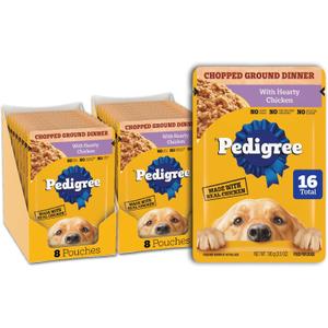 Pedigree Chopped Ground Dinner Wet Dog Food Pouches with Hearty Chicken, 3.5 oz Pouches, 16 Count (EXP 10/01/27)
