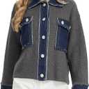 KEOMUD Women's Fall Button Down Knit Cardigan Sweater Casual Cropped Shacket Jacket with Denim Lapel Pockets Cuff (S)