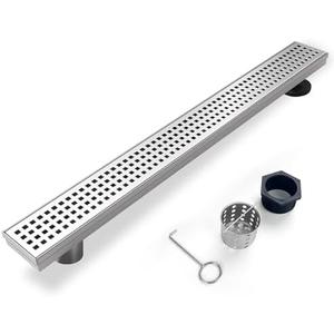 Elefloom Offset Linear Shower Drain, Shower Drain 60 inch with Removable Grate Cover, Professional AISI 304 Stainless Steel Side Outlet Shower Floor Drain with Hair Catcher and Leveling Feet