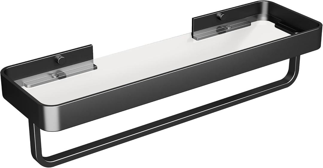 Danpoo 16 Inch Long Floating Bathroom Shelf with Towel Bar, Clear Tempered Glass Wall Shelf with Hand Towel Holder for Bathroom Storage Organizer, Matte Black