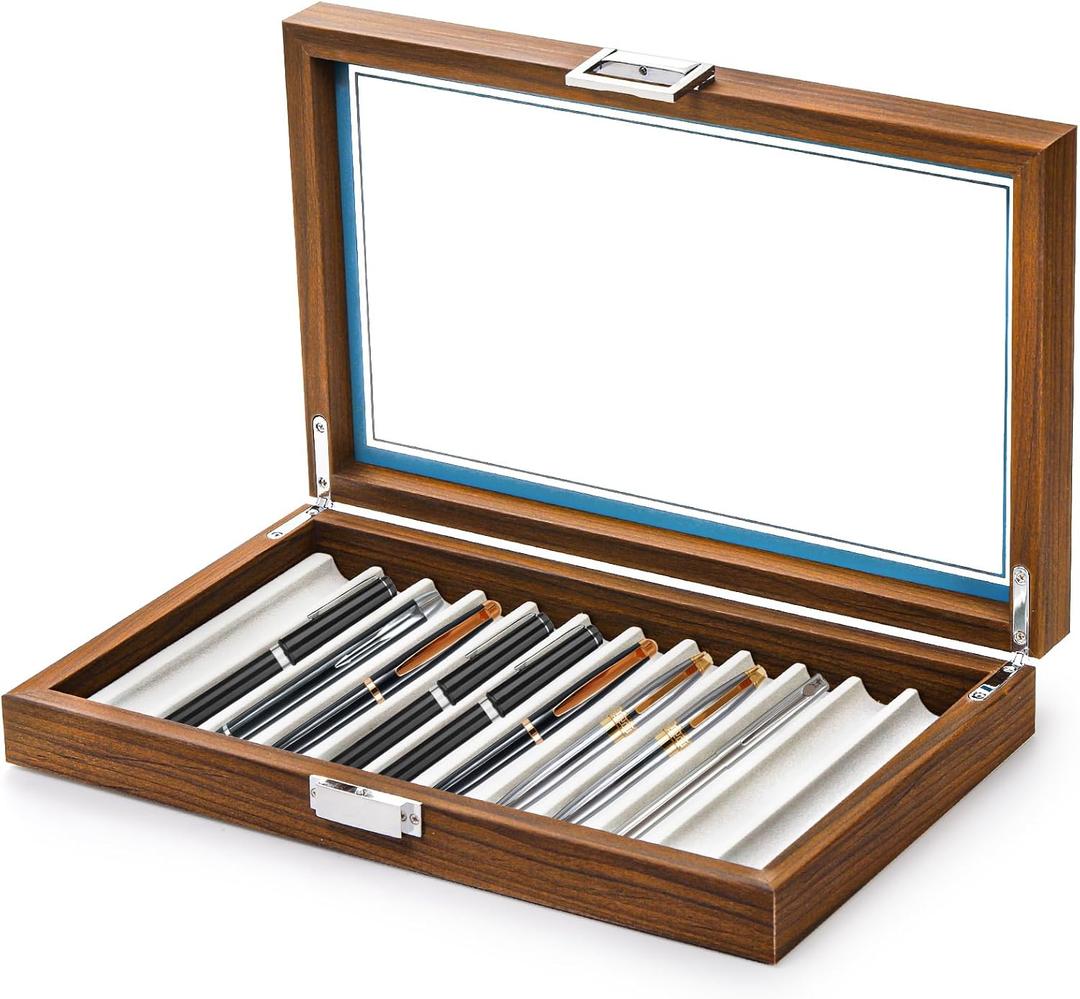 Yesland Black Walnut Wood Display Box, 12 Slot Fountain Pen Organizer With Clear Glass Window, Luxury Collection Case for Shop, Home