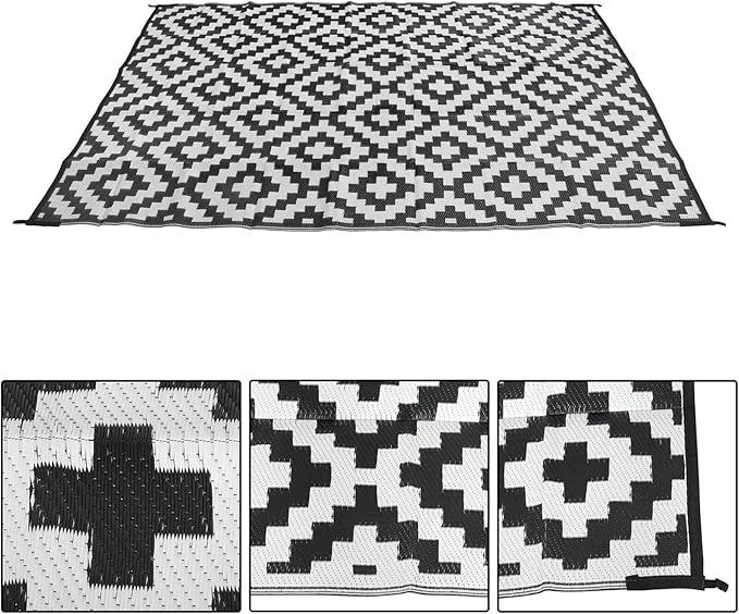 WFLNHB Outdoor Rug 6x9ft, Foldable Reversible Outdoor Plastic Straw Rug, Outdoor Carpet, Outside for Patio, Camp, Picnic, Balcony, Deck, Backyard, Black and White