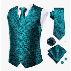 Hi-Tie Mens Silk Suit Vest Jacquard 5PCS Necktie Pocket Square Cufflinks Lapel Pin Formal Wedding Tuxedo
L