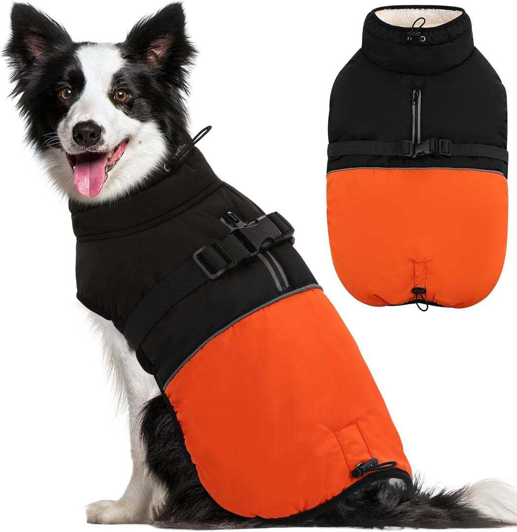 KOESON Dog Coat, Warm Dog Winter Jackets Dog Coats for Large Dogs, Windproof Waterproof Dog Winter Jackets XXL Dog Coat with Adjustable Buckle, Turtleneck Dog Fleece Jacket for Cold Weather Orange 2XL