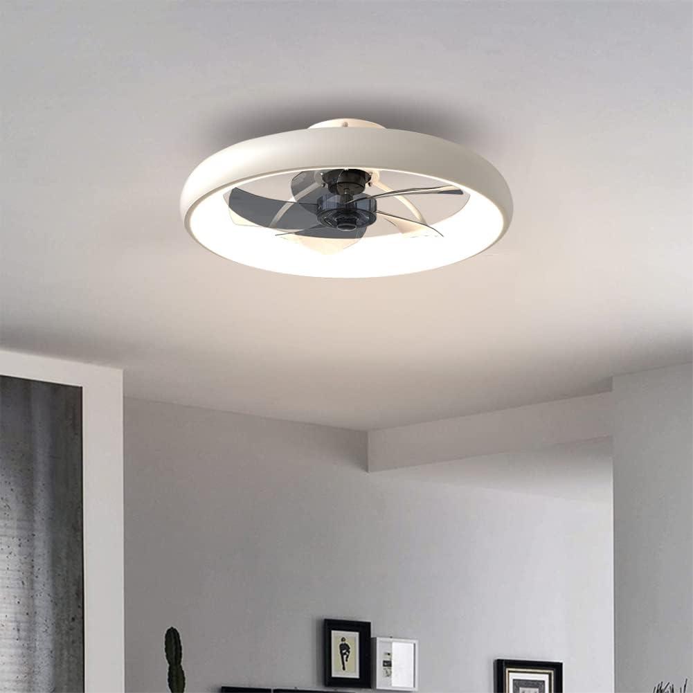 Ceiling Fan with Lights Dimmable LED Reversible Blades Timing with Remote Control, 5 Invisible Blades Semi Flush Mount Low Profile Fan (21.5in, White)