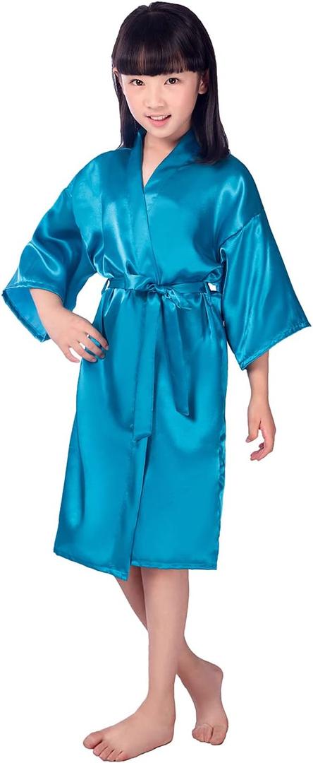 Children's Silk Stain Pure Kimono Wedding Dressing Gown Kimono Robes Bridal Lingerie Sleepwear (6, Blue)