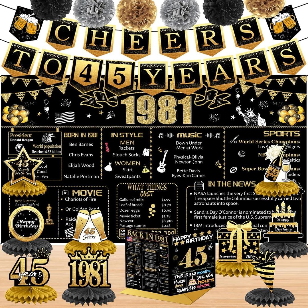 45th Birthday Decorations for Women Men, 18PCS Black Gold Back in 1981 Banner Decorations, Bday Backdrop, 45 Year Old Banner for Her Him, Birthday Card, 6 Paper Poms 9 Honeycomb Balls