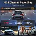 4K Dash Cam Front and Rear Inside, 3 Channel Car Dash Camera with Built-in GPS & 64GB SD Card, 5.8GHz WiFi, Night Vision, G-Sensor, Loop Recording, 3.39 Inch Screen, 24H Parking Monitor