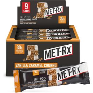 MET-Rx Big 100 Colossal Protein Bars, Vanilla Caramel Churro Meal Replacement Bars, Brown, 9 Count (EXP 01/17/27)