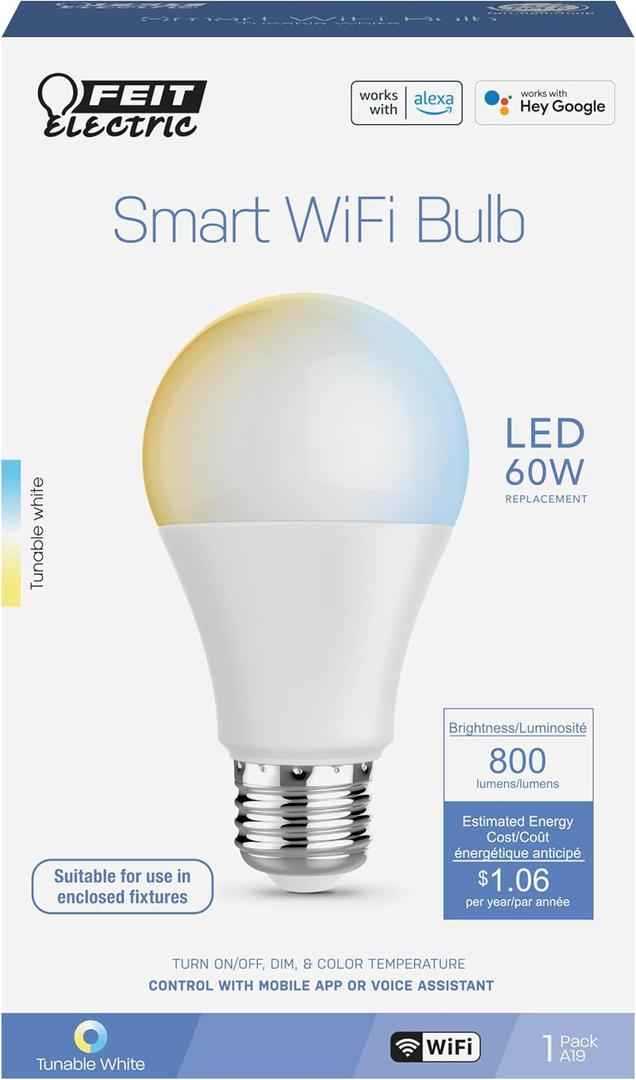 Feit Electric A19 Smart LED Light Bulb, 60W Equivalent, Tunable White, Alexa & Google Home Compatible, 2.4 GHz Wi-Fi, 90+ CRI, Non-Dimmable, 800 Lumens, 25,000-Hour Lifetime, OM60/CCT/CA/AG