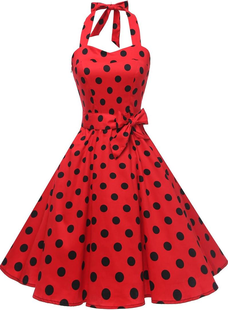 Topdress Women'sVintage Polka Audrey Dress 1950s Halter Retro Cocktail Dress (Small, 01red/Black Dot)
