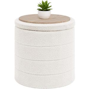 B FSOBEIIALEO Ottoman with Stroage, Round Sherpa Storage Ottoman Stool, Boucle Foot Rest 16.9"x16.9"x17.7"White