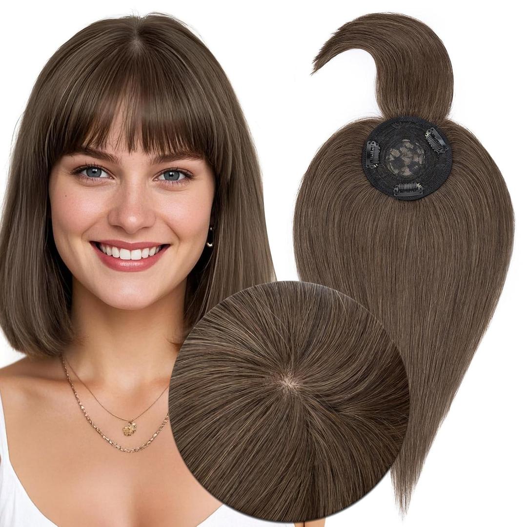 MY-LADY Human Hair Toppers for Women Real Human Hair with Bangs Thin 8.5 * 8.5CM Mono Base Clip in Remy Hairpieces Light Weight 12 Inch Dark Brown