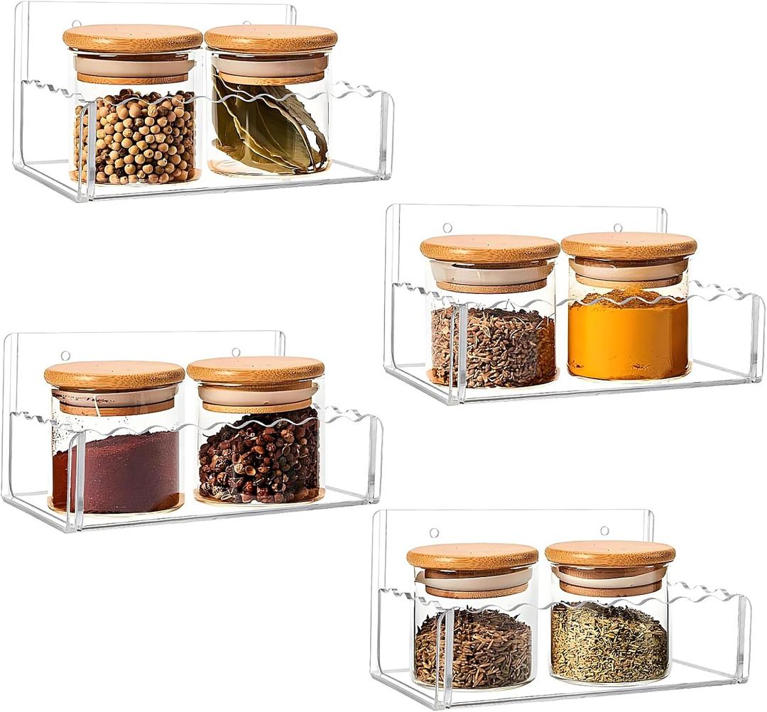 6 inch Spice Rack Wall Mounted,4 Pack Spice Organizer Shelf for Stove Cabinet Pantry Door, Adhesive or Screw Hanging Wall Spice Shelf Storage Holder in Kitchen and RV - Clear Color