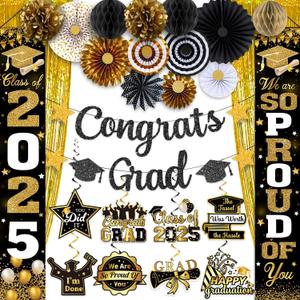 Black Gold Graduation Decorations 2025, Class of 2025 Decorations, Black and Gold Graduation Decorations 2025 Include Proch Banner, Balloons, Hanging Swirls and Paper Pompoms