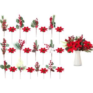 WILLBOND 24 Pcs Christmas Tree Picks Decorations Red Berry Pine Vase Picks Spray Berry Branches Poinsettia Holly Pine Flower Pick Berries Pinecones for Christmas Crafts Party Festive Home Decor (Bright)