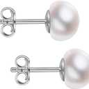 Handmade Pearl Earrings, Sterling Silver White Button Freshwater Cultured Pearl Stud Earrings for Women (6.0-6.5mm)