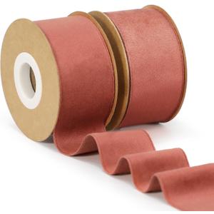 Rust Red Velvet Ribbon, 1-1/2 inch Wide Handmade Fabric Ribbons for Christmas Decor, Flower Bouquet, Wedding Decoration, Baby Shower, 2 Rolls
