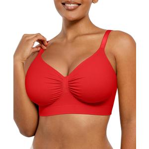SHAPELLX Wireless Comfy Bra for Women Seamless Bra Non Padded Soft Bralette V Neck Everyday Bras with 4 Rows of Hooks (Medium, Red)