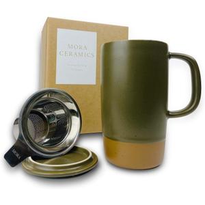 Mora Ceramics Large Tea Mug with Loose Leaf Infuser and Ceramic Lid, 18 oz, Portable, Microwave and Dishwasher Safe, Tall Coffee Cup - Rustic Matte Ceramic Glaze, Modern Herbal Tea Strainer, Olive