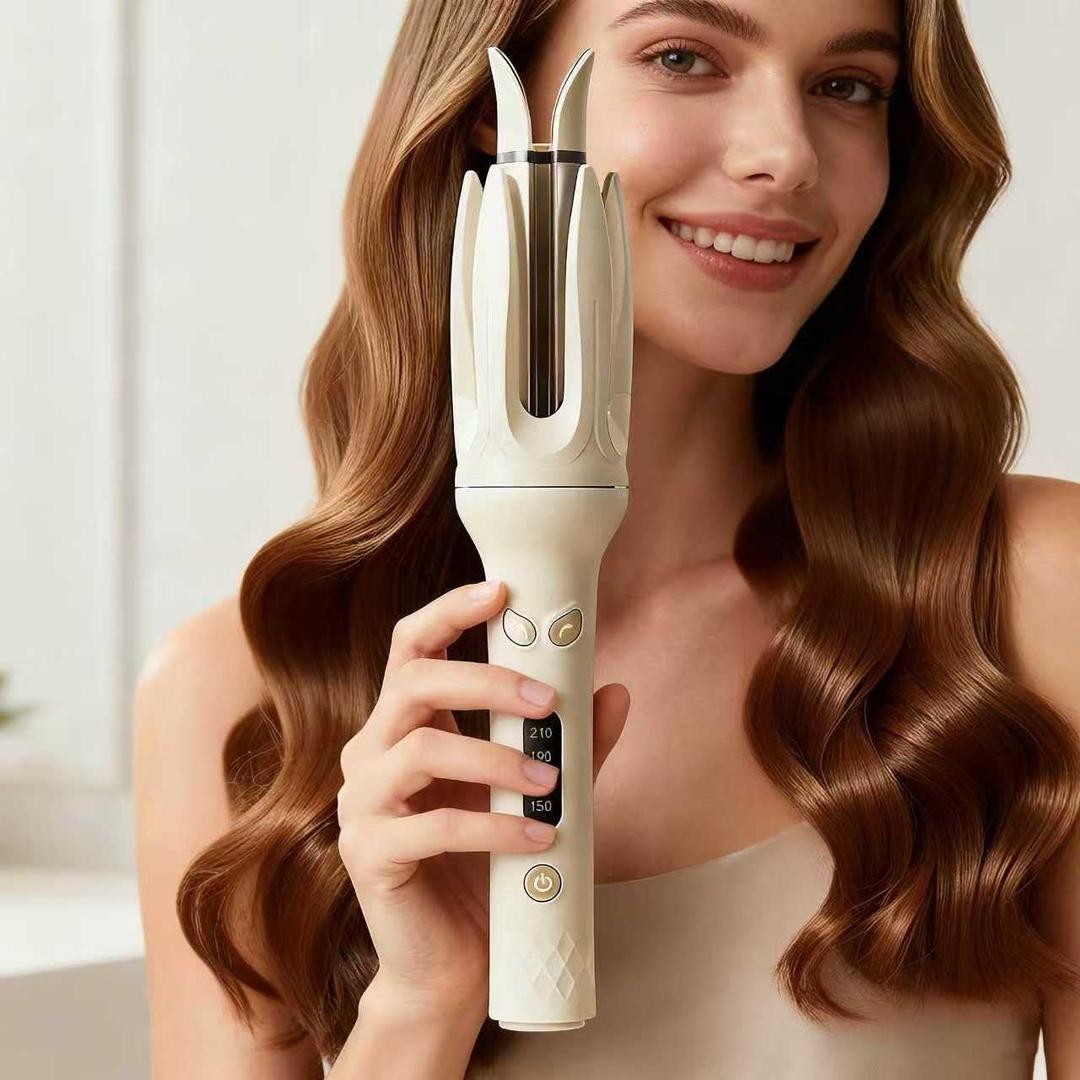 Professional Automatic Hair Curling Iron, 4 Temperature Settings, Ceramic Rotating Wand with Negative Ion Technology (Off-White)