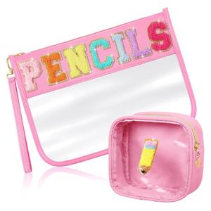 Hillban 2 Pcs Pencil Case Pouch Back to School Girls Gift Preppy Chenille Letter Makeup Cosmetic Bag Clear Pencil Toiletry Purse Zipper Waterproof Travel Stuff for Teacher Student Graduation(Pink)
