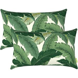 LVTXIII Set of 2 Patio Lumbar Pillows, 12x20 Fade Resistant Outdoor Lumbar Pillow with Inners, Fluffy Decorative Garden Lumbar Cushions for Home Patio Coach Sofa Use, Swaying Palms Green