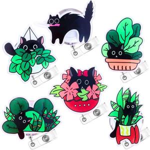 6PC Cat Badge Reel | Cute Funny Black Kitty Cats Animal Badge Reels Retractable ID Name Clip Card Holder Badges for Peds Vet Kawaii Nurse Office Nursing RN Paediatrics Social Work Accessories