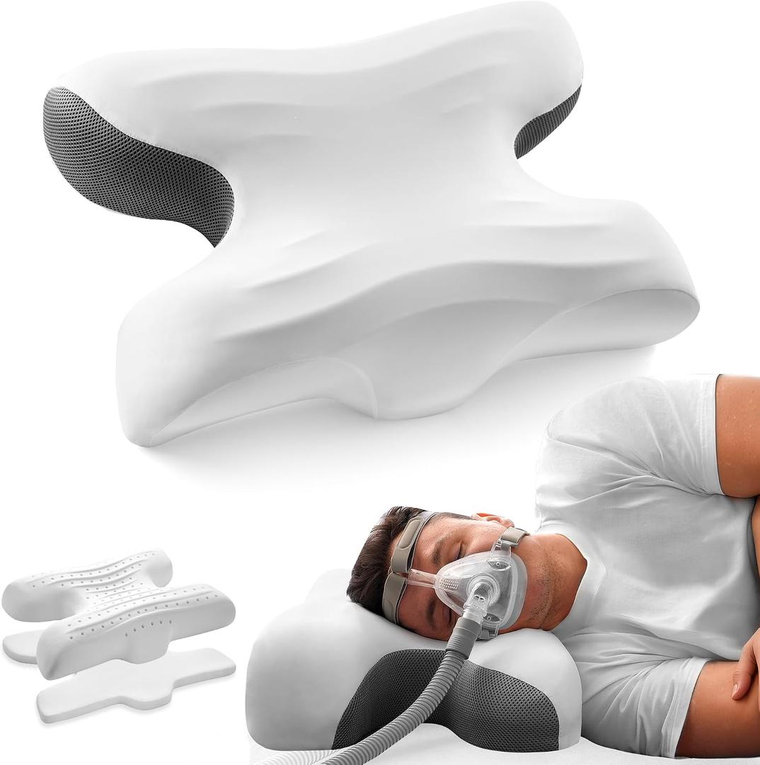 CPAP Pillow for Larger-Framed Men, Ergonomic Memory Foam Bed Pillow to Reduce Air Leaks, Facial Pressure, Height Adjustable for Side Back Stomach Sleepers, 23.6"x15.74"x5.11"/5.9"
