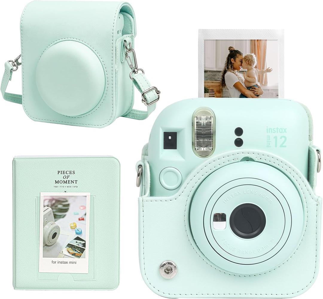 CAIYOULE Camera Case for Fujifilm Instax Mini 12 Instant Film Camera, Retro Leather Protective Camera Crossbody Bag for Fuji Mini 12 with Photo Album, Adjustable Shoulder Strap, Mint Gree-No Camera