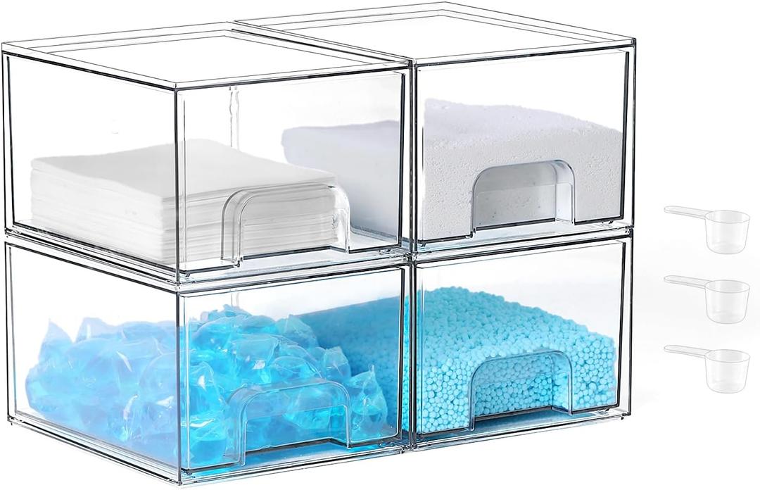 Laundry Pods Container and Dryer Sheet Holder Set, Dishwasher Pods Holder Set, Detergent Pods Storage Box, Scent Booster And Laundry Powder Dispenser Orangizer For Laundry Room, 4 PACK