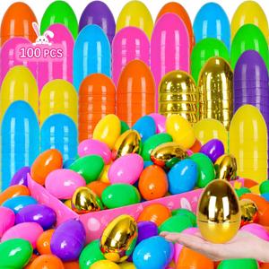 100 PCS 3" Large Plastic Easter Eggs with 6 Golden Eggs, Empty Fillable Colorful Eggs for Kids Easter Egg Hunt Classroom Prizes Basket Stuffers Easter Party Favors