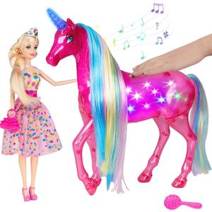 BETTINA My Dreamy Unicorn and Princess Doll Playset, Large Size Unicorn Toys with Magical Rainbow Lights & Realistic Horse Sounds, Ideal Unicorn Gifts Horse Play Set for Girls 3-9