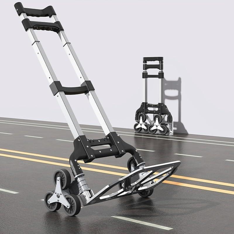 Heavy Duty 6-Wheel Stair Climbing Cart - 300lb Capacity Folding Hand Truck, All-Terrain Aluminum Trolley w/Adjustable Handle - Perfect for Groceries, Deliveries, Apartments (300LB | 2  Bungee Cords, 64" Tpr Wheels)