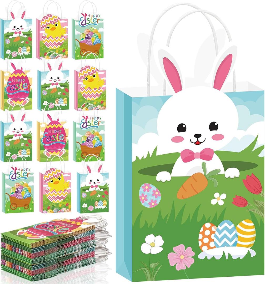 Sweetude 24 Pcs Easter Gift Paper Bags with Handles Bulk Bunny Egg Goodies Bag with Happy Easter for kids Spring Party Favor Supplies Candy Cookie Treat Goodies Gift Wrapping