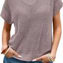 Cakulo Summer Crochet Tops for Women 2025 Short Sleeve V Neck Hollow Out Knit Beach Cover Up Casual Sweater Top (Small, Light Purple)