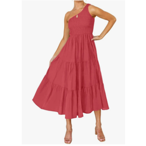 ZESICA Women's 2025 Bohemian Summer Floral Print One Shoulder Sleeveless Smocked Ruffle Tiered Beach Long Midi Dress, Pink XL