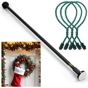 Leinuosen Christmas Front Door Garland Hanger 43-74 Inch Adjustable Christmas Wreath Hanger Stainless Steel Retractable Rod with 3 Green Tie Ropes No Nail Screw No Damage for Xmas DIY Hanging(Black)