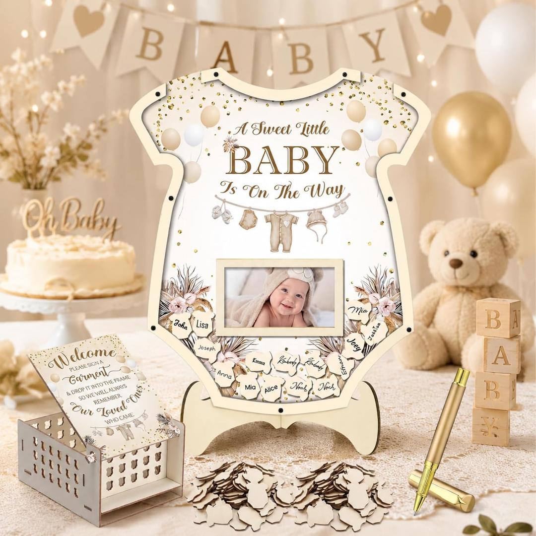 Kathfly 63 Pcs Neutral Boho Clothes Baby Shower Guest Book Alternatives Set A Sweet Little Baby Is On The Way Neutral Babies Shower Decoration Photo Frame Sonogram Frame Keepsake 60 Slice Guest Book